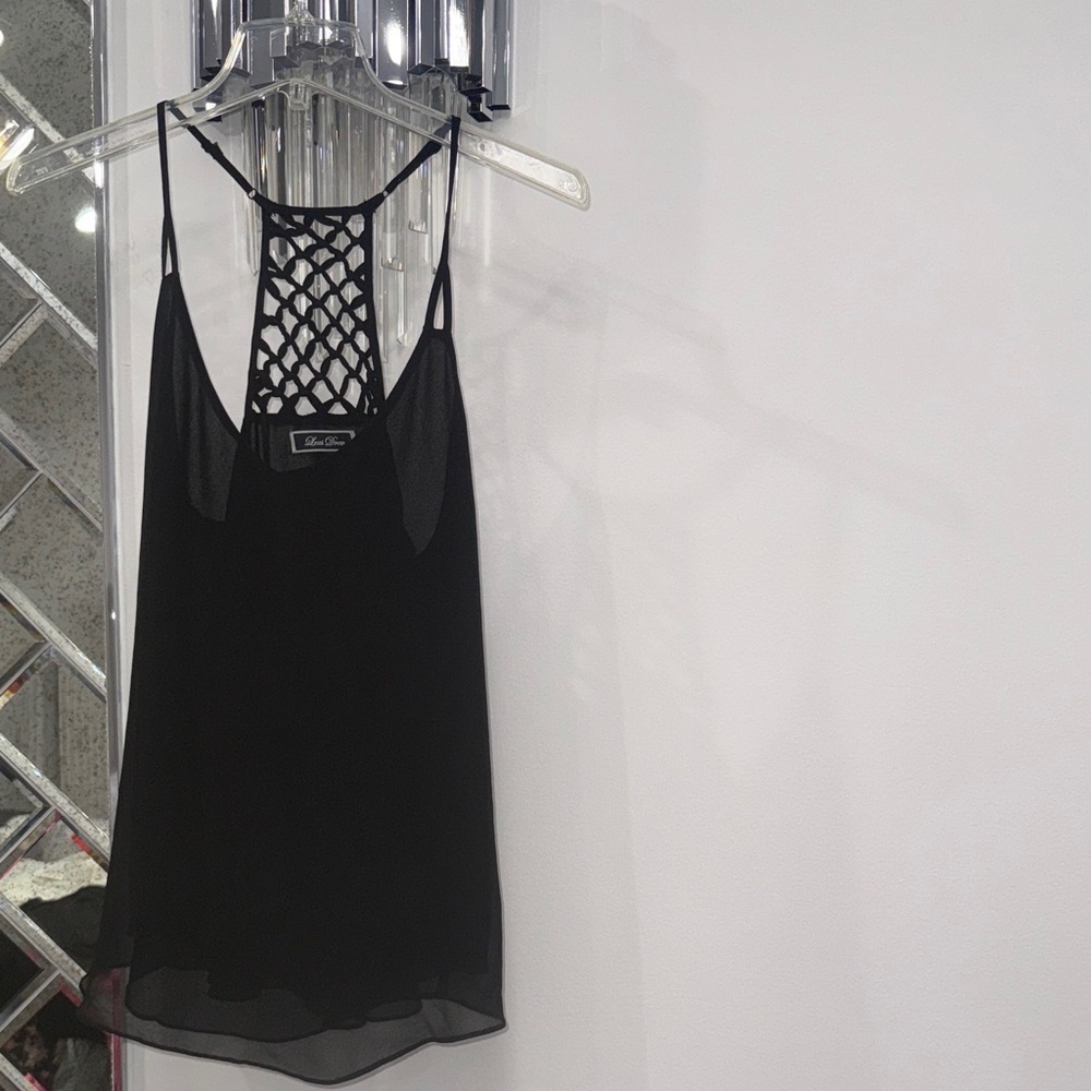 Black sheer flowy layered Tank Top with cut out design on backside